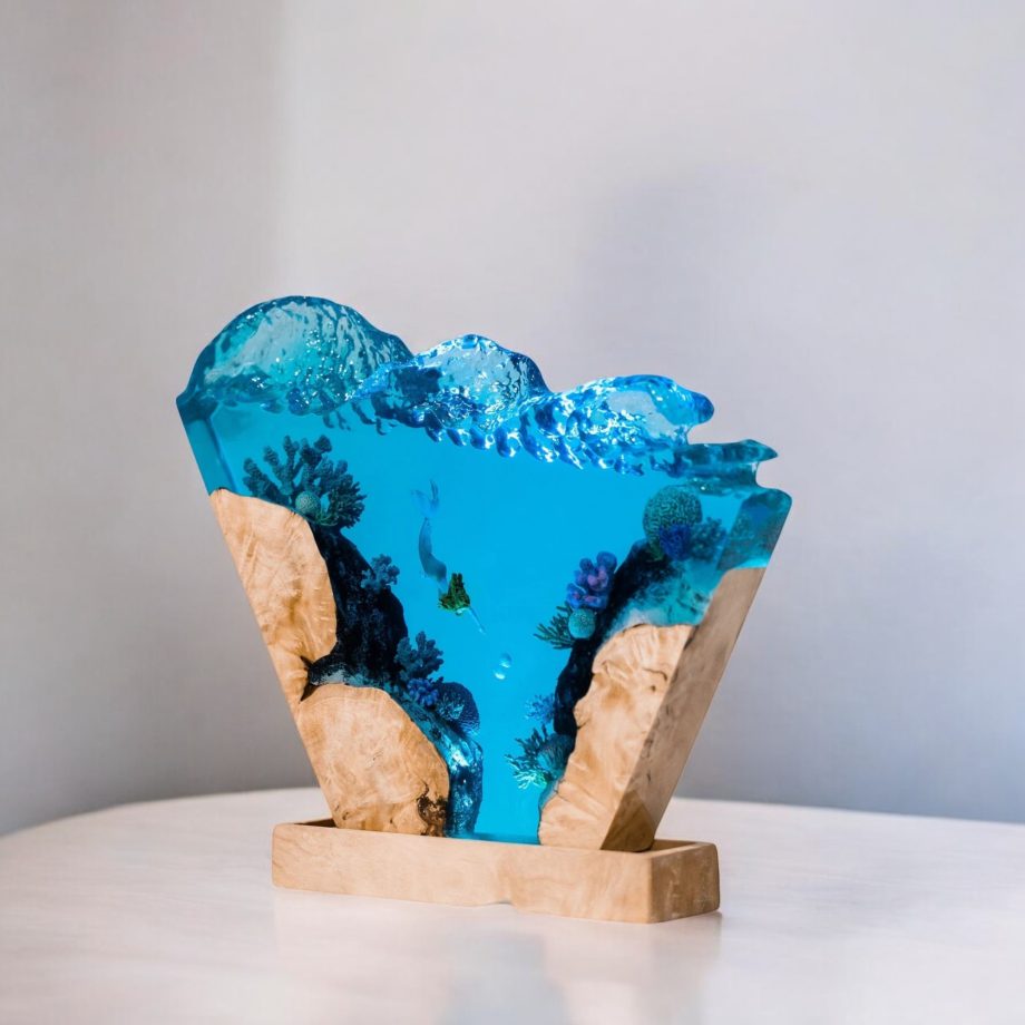 Ocean Serenity Epoxy Wave LED Lamp – Handcrafted Resin & Wood Art