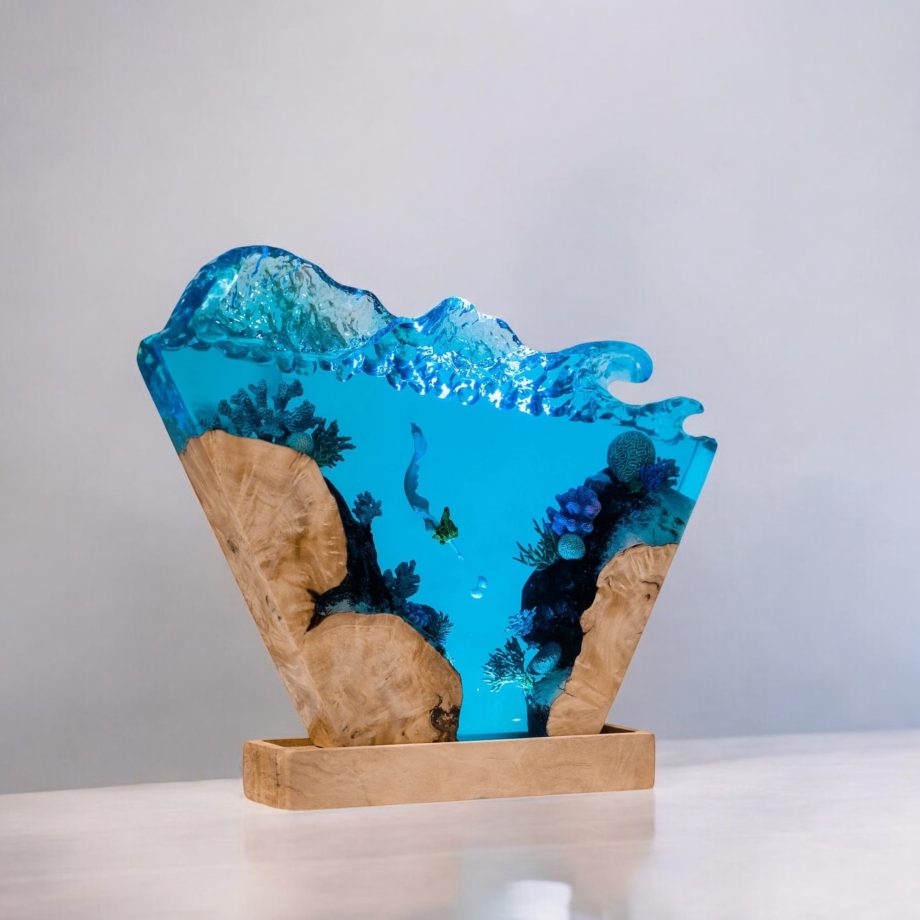 Ocean Serenity Epoxy Wave LED Lamp – Handcrafted Resin & Wood Art