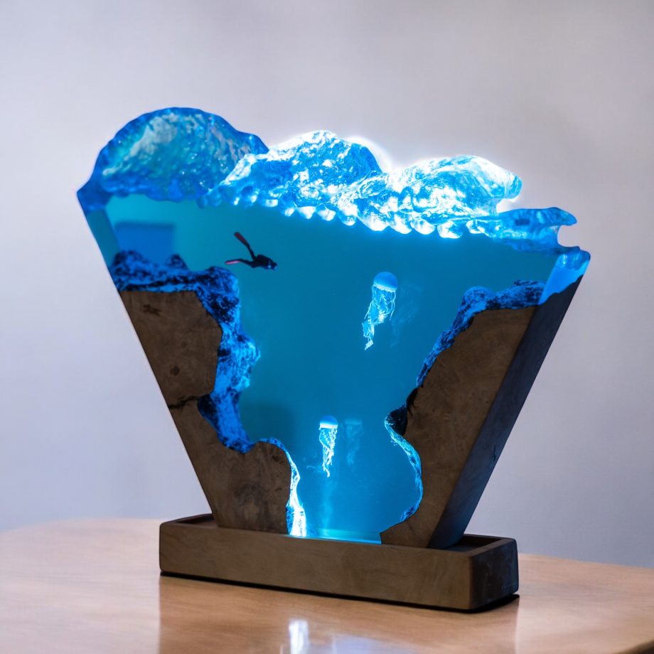 Handcrafted Ocean Depths Epoxy Wave LED Lamp – Luxury Resin & Wood Art