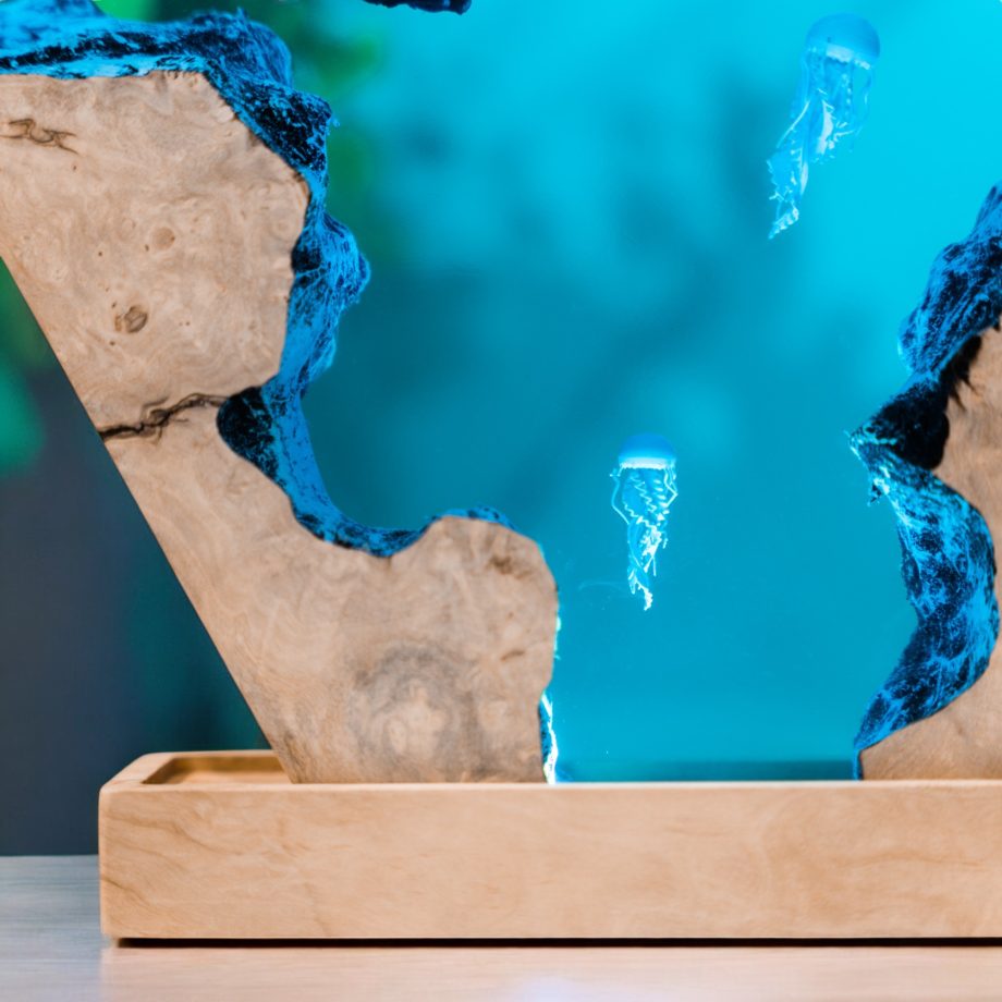 Handcrafted Ocean Depths Epoxy Wave LED Lamp – Luxury Resin & Wood Art
