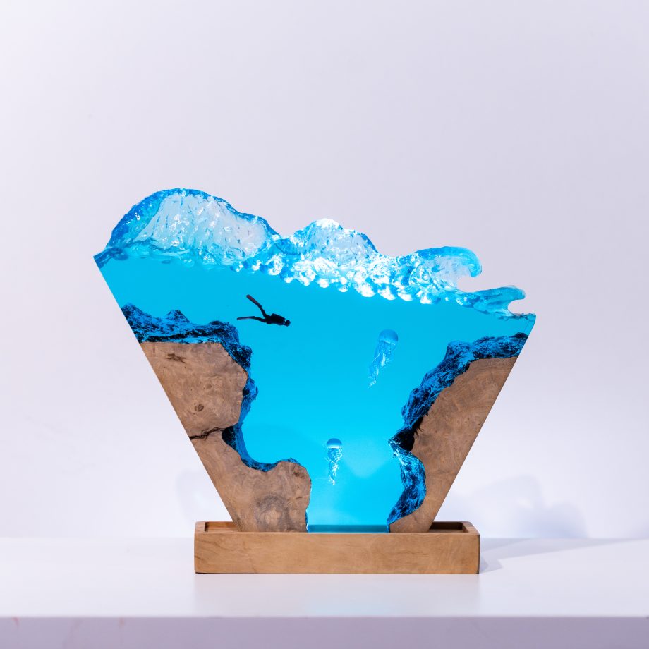 Handcrafted Ocean Depths Epoxy Wave LED Lamp – Luxury Resin & Wood Art