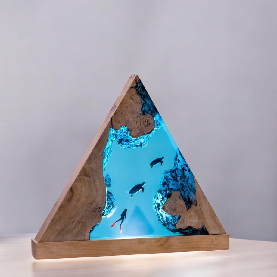 Handmade Ocean Epoxy Resin Lamp | LED Wood Night Light with Sea Turtle & Diver
