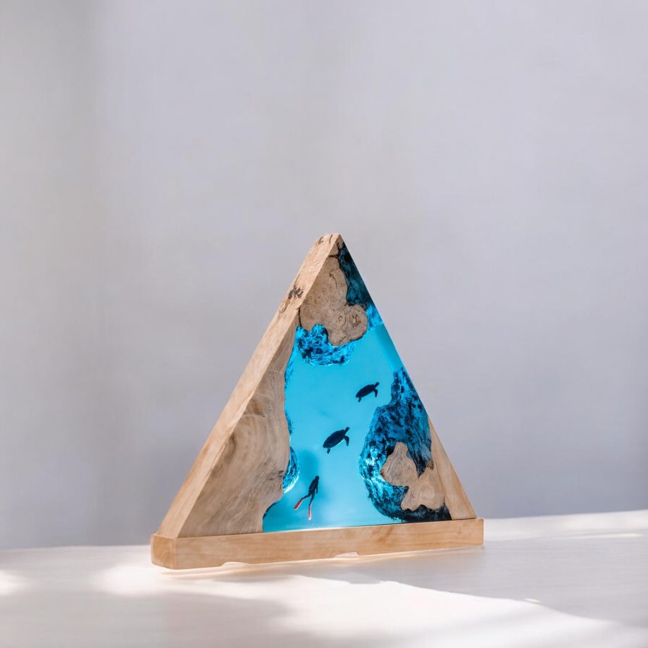Handmade Ocean Epoxy Resin Lamp | LED Wood Night Light with Sea Turtle & Diver