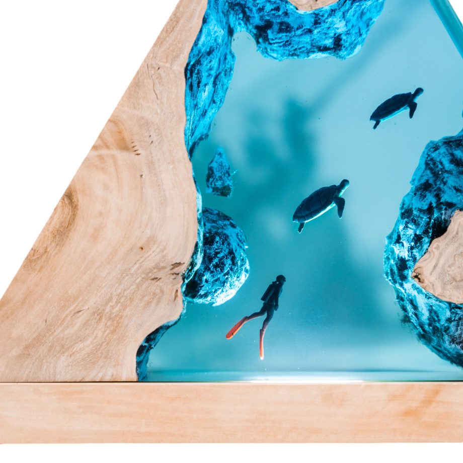 Handmade Ocean Epoxy Resin Lamp | LED Wood Night Light with Sea Turtle & Diver