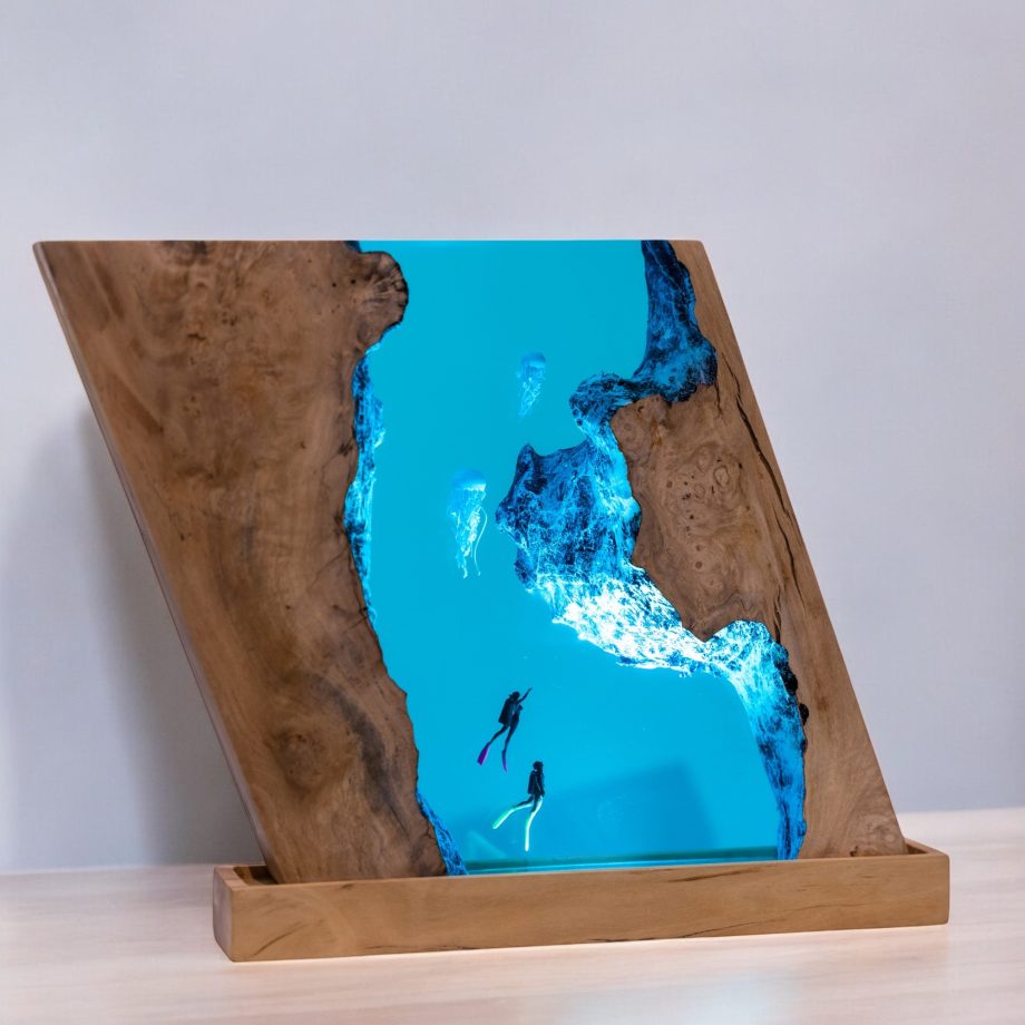 Handmade Ocean Epoxy Resin Lamp | LED Night Light with Divers & Jellyfish Scene