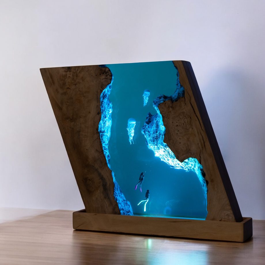 Handmade Ocean Epoxy Resin Lamp | LED Night Light with Divers & Jellyfish Scene