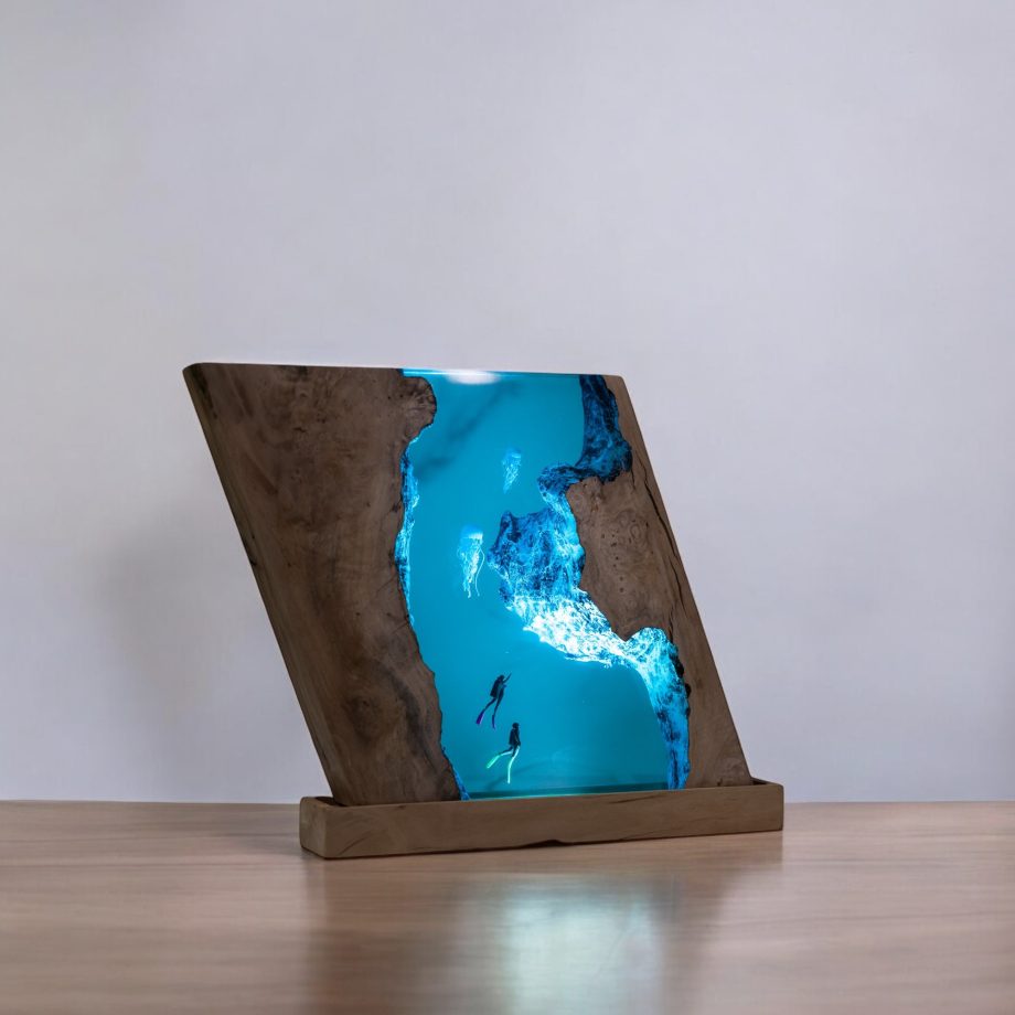 Handmade Ocean Epoxy Resin Lamp | LED Night Light with Divers & Jellyfish Scene