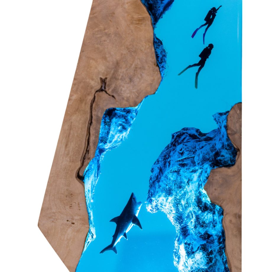 Handmade Ocean Epoxy Resin Lamp | LED Night Light with Shark & Divers Scene
