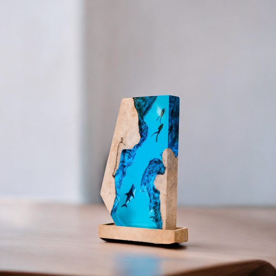 Handmade Ocean Epoxy Resin Lamp | LED Night Light with Shark & Divers Scene