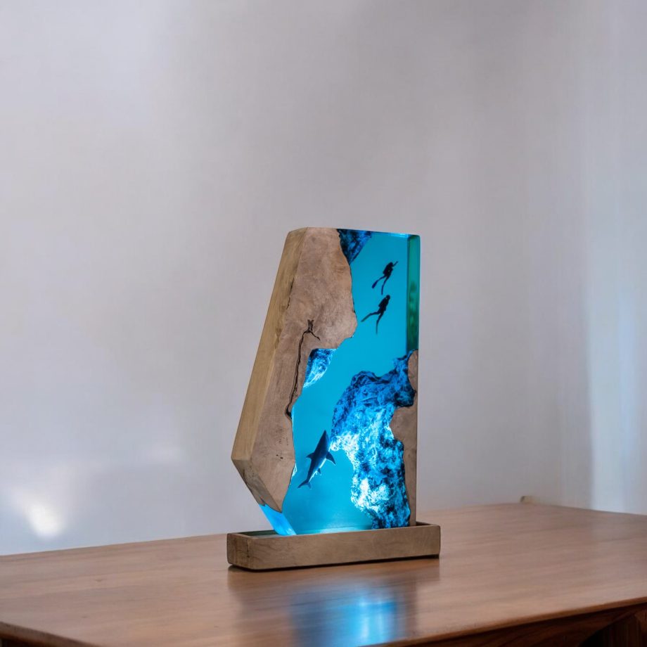 Handmade Ocean Epoxy Resin Lamp | LED Night Light with Shark & Divers Scene