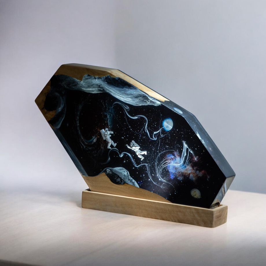 Handmade Space-Themed Epoxy Resin Lamp | Astronauts Floating in the Galaxy LED Night Light