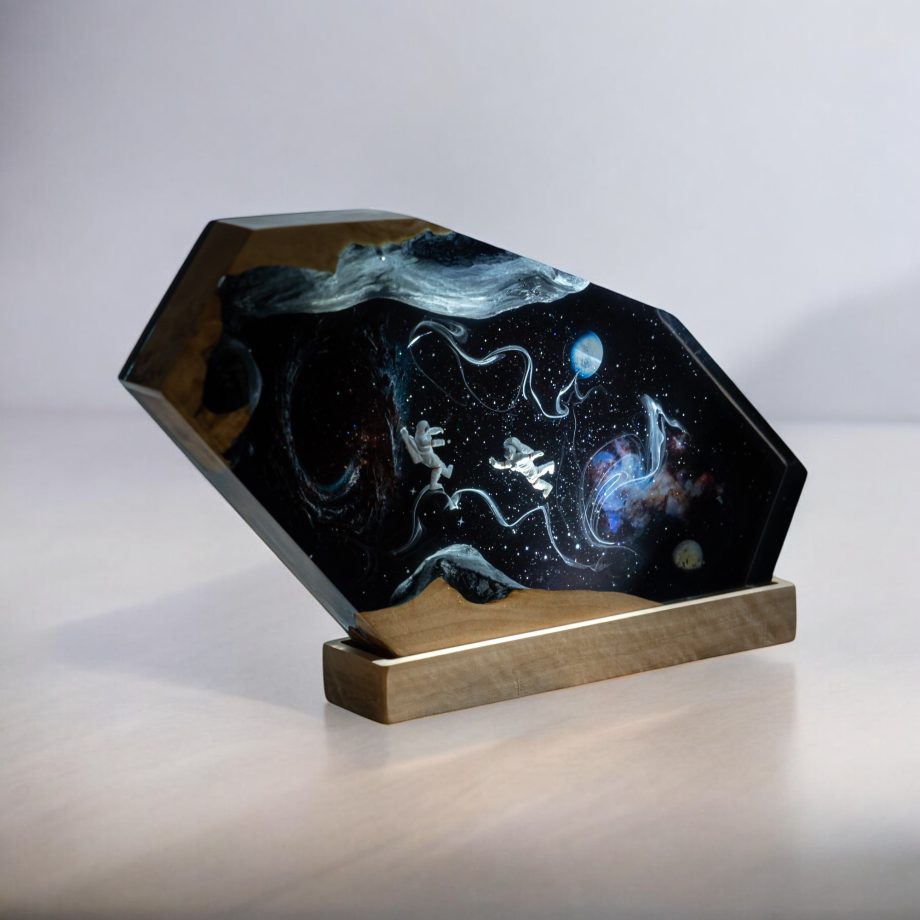 Handmade Space-Themed Epoxy Resin Lamp | Astronauts Floating in the Galaxy LED Night Light