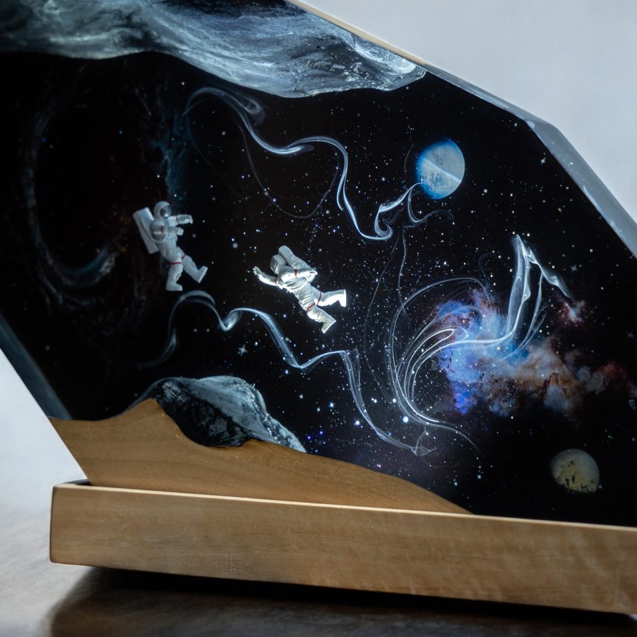 Handmade Space-Themed Epoxy Resin Lamp | Astronauts Floating in the Galaxy LED Night Light