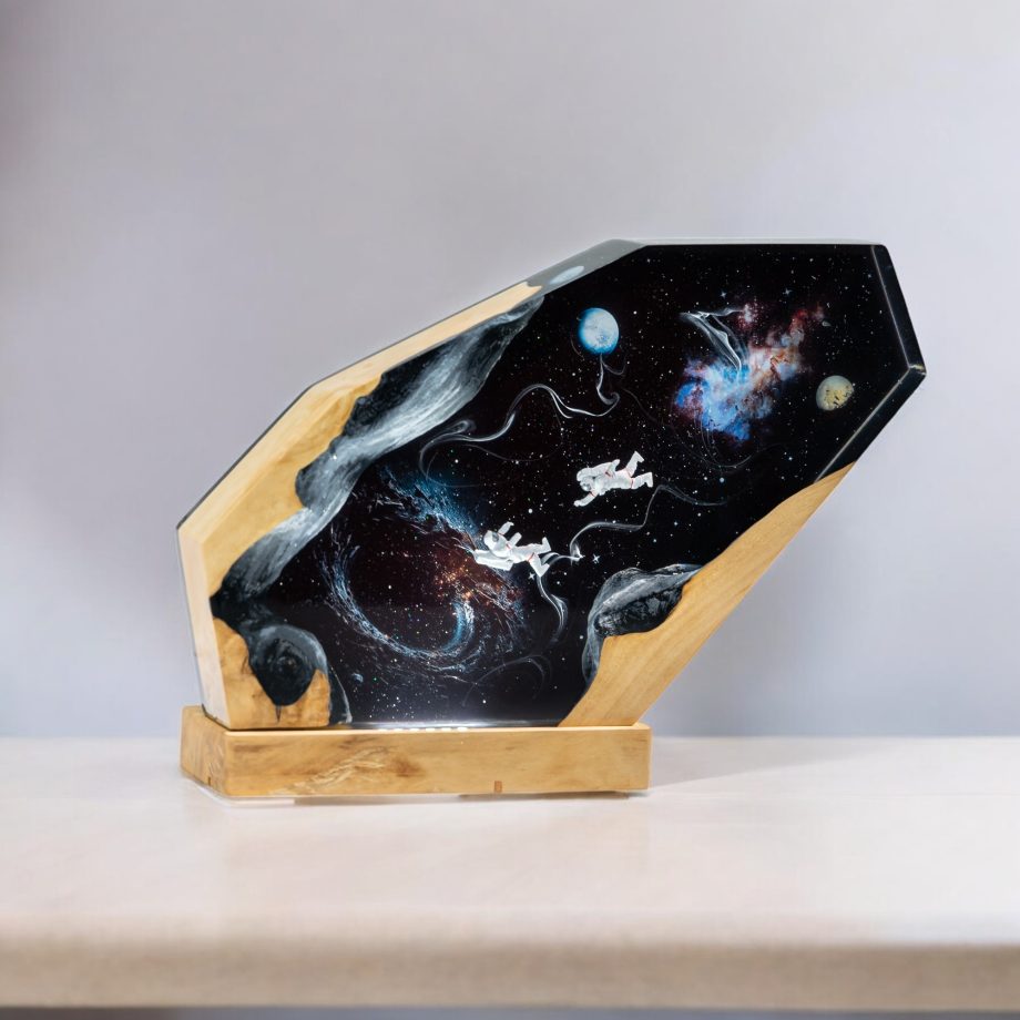 Handmade Space-Themed Epoxy Resin Lamp | Astronauts Floating in the Galaxy LED Night Light