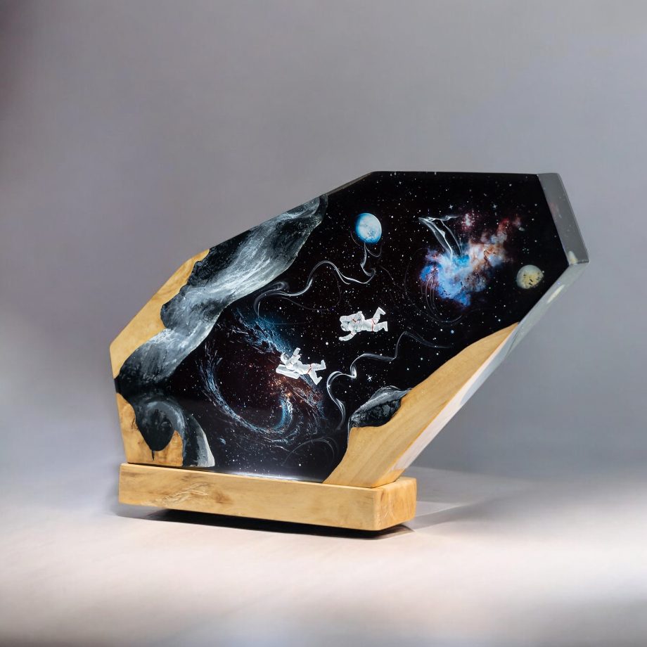 Handmade Space-Themed Epoxy Resin Lamp | Astronauts Floating in the Galaxy LED Night Light