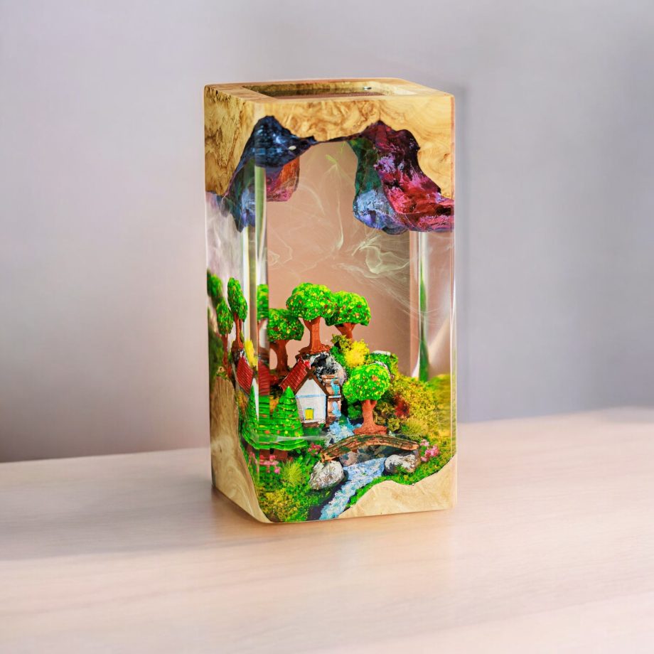 Miniature Forest House Epoxy Resin Lamp | Handmade Nature-Inspired Décor