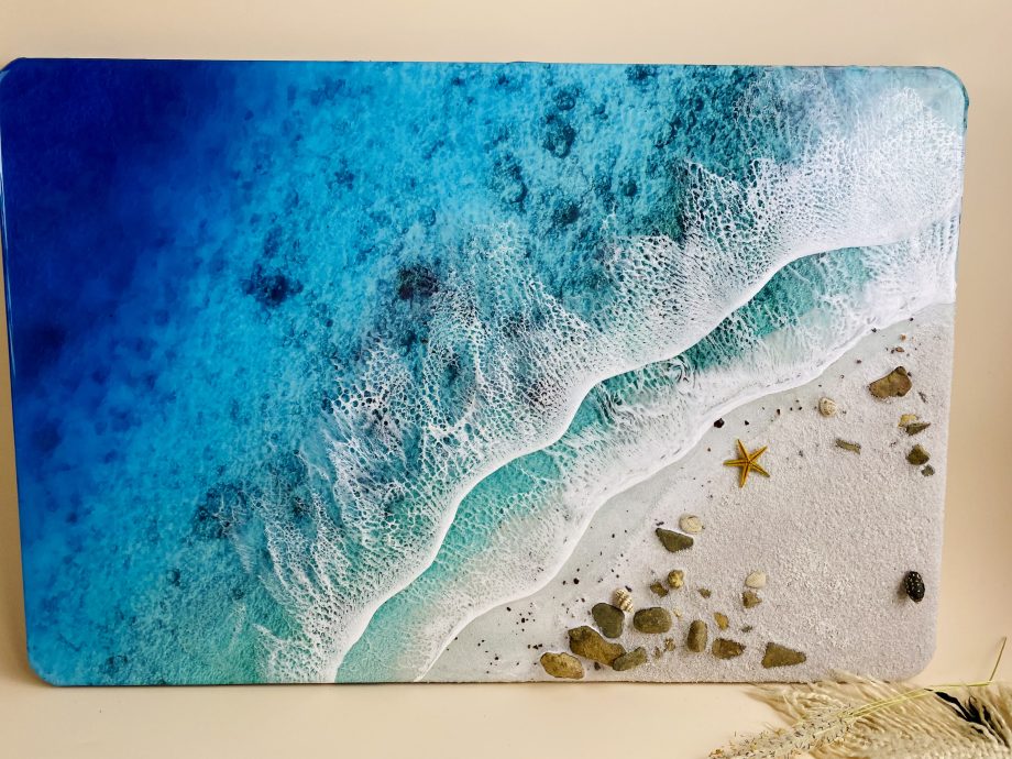 Handmade 3D Epoxy Resin Beach Art – Ocean Waves on Sandy Shore