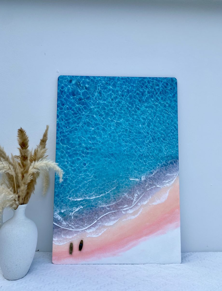 Handmade 3D Epoxy Resin Beach Art | Pink Sand Shore & Crystal Blue Waves