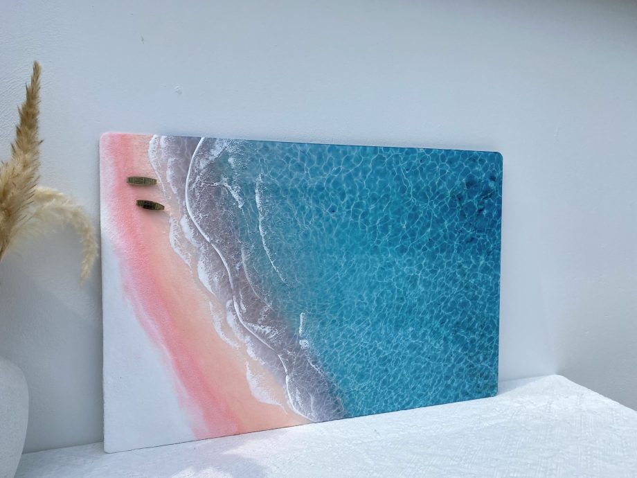 Handmade 3D Epoxy Resin Beach Art | Pink Sand Shore & Crystal Blue Waves