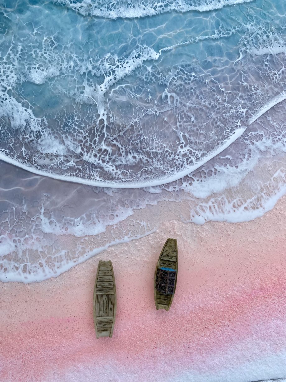 Handmade 3D Epoxy Resin Beach Art | Pink Sand Shore & Crystal Blue Waves