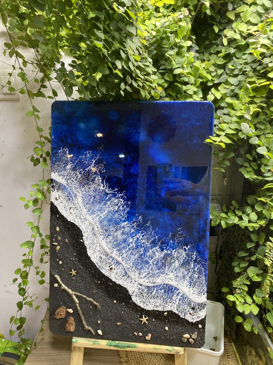 3D Epoxy Resin Ocean Art – Deep Blue Waves on a Black Sand Beach