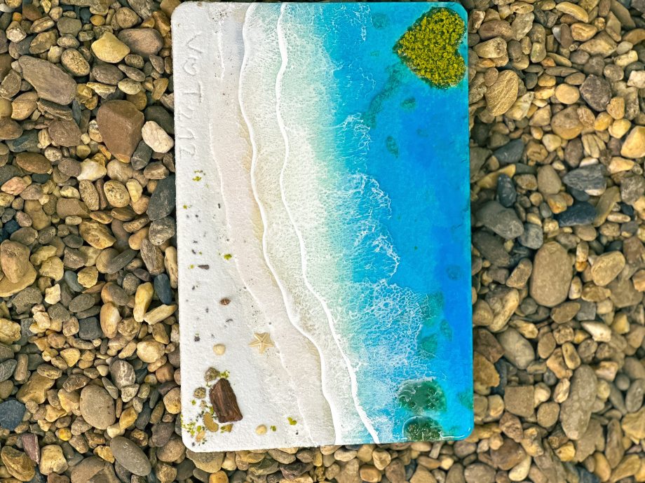 Handcrafted Custom Name 3D Resin Ocean Art – Coastal Beach Vibes with Heart Island