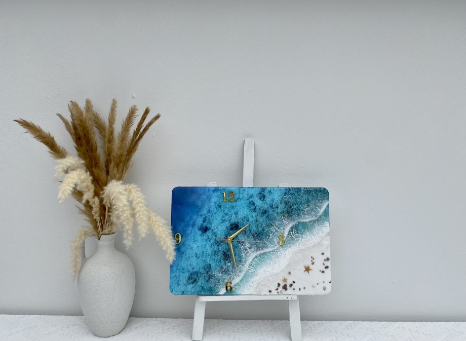 Handmade Rectangle Deep Ocean Resin Wall Clock | Beach Wave Epoxy Art