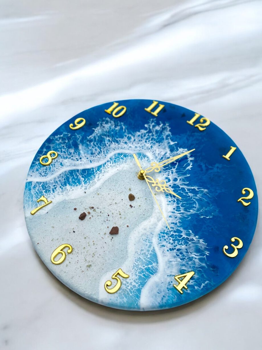 Handmade Ocean Resin Round Deep Blue Clock – Beach Wave Epoxy Art Décor