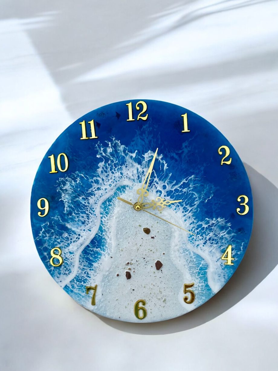 Handmade Ocean Resin Round Deep Blue Clock – Beach Wave Epoxy Art Décor