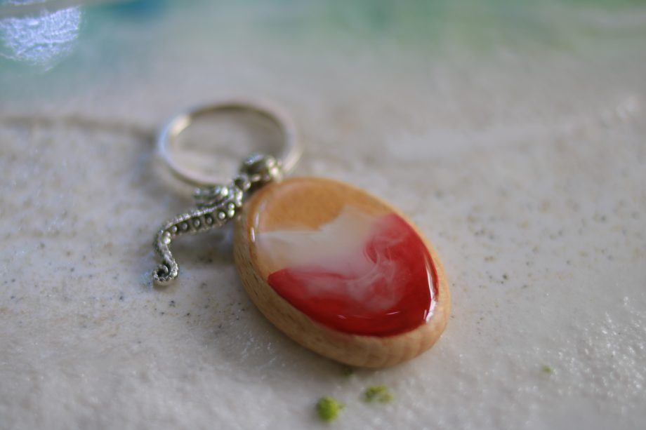 Handmade Wooden & Resin Keychain – Red & White Swirl with Seahorse Charm