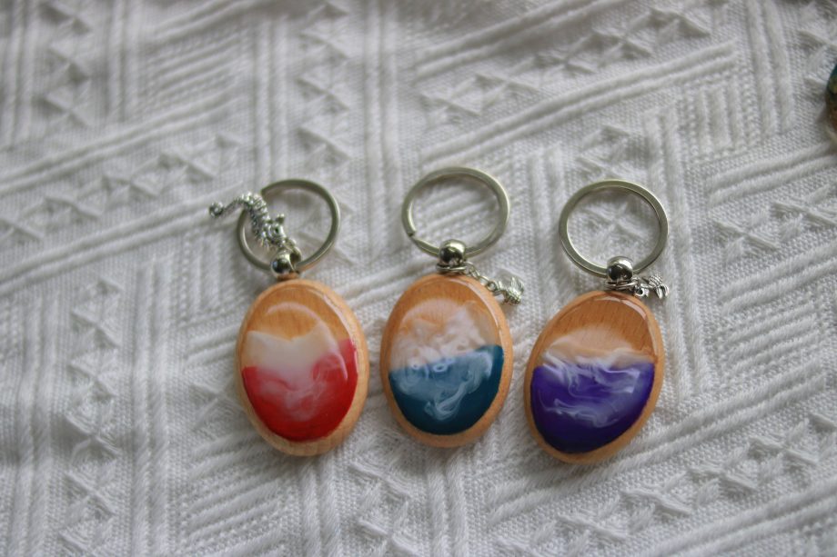 Handmade Wooden & Resin Keychain – Red & White Swirl with Seahorse Charm