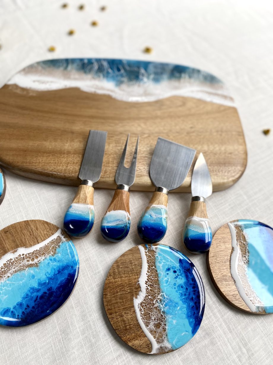 Ocean Resin Cheese Board & Coaster Set | Handmade Charcuterie Serving Kit