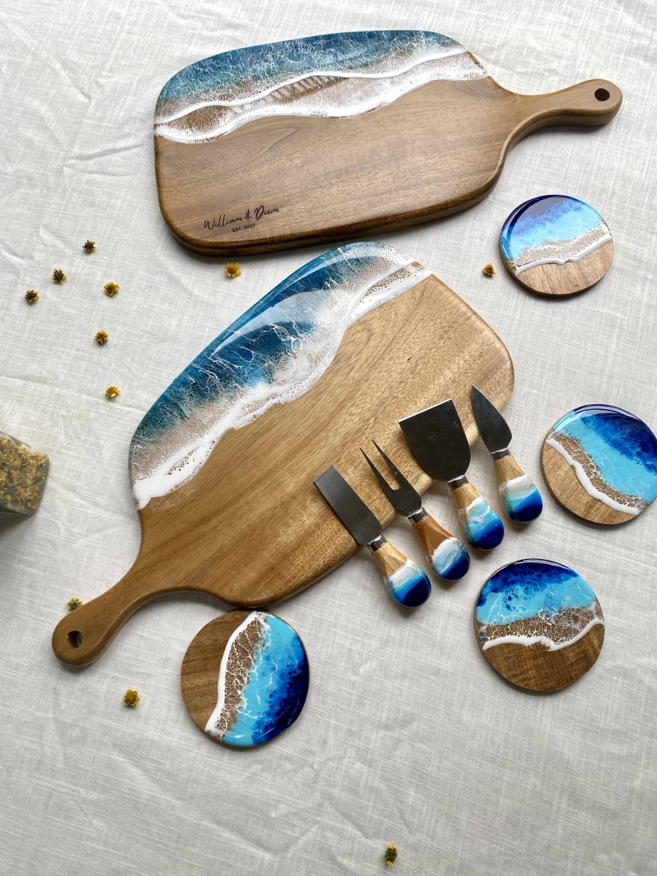Ocean Resin Cheese Board & Coaster Set | Handmade Charcuterie Serving Kit