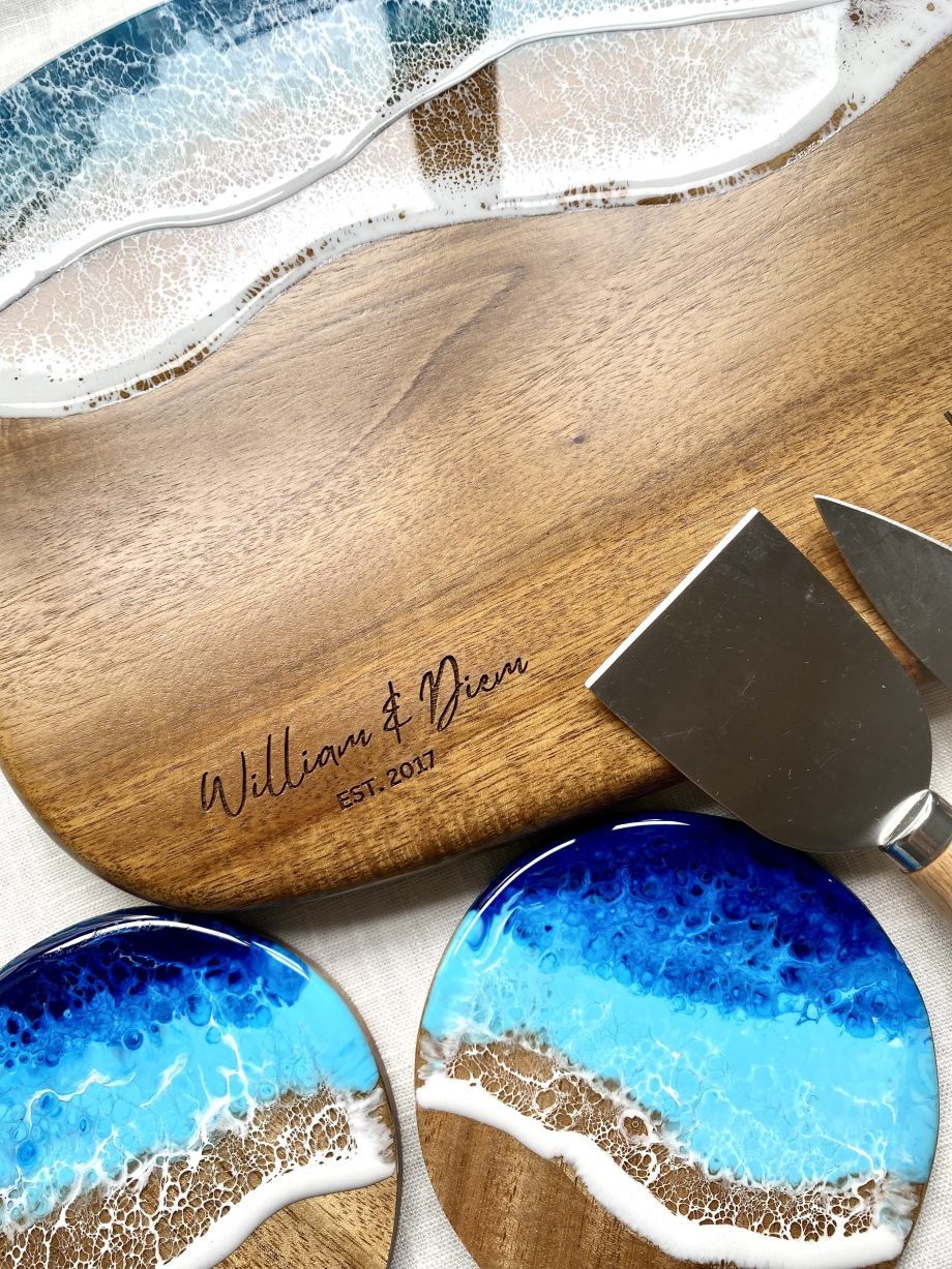 Ocean Resin Cheese Board & Coaster Set | Handmade Charcuterie Serving Kit