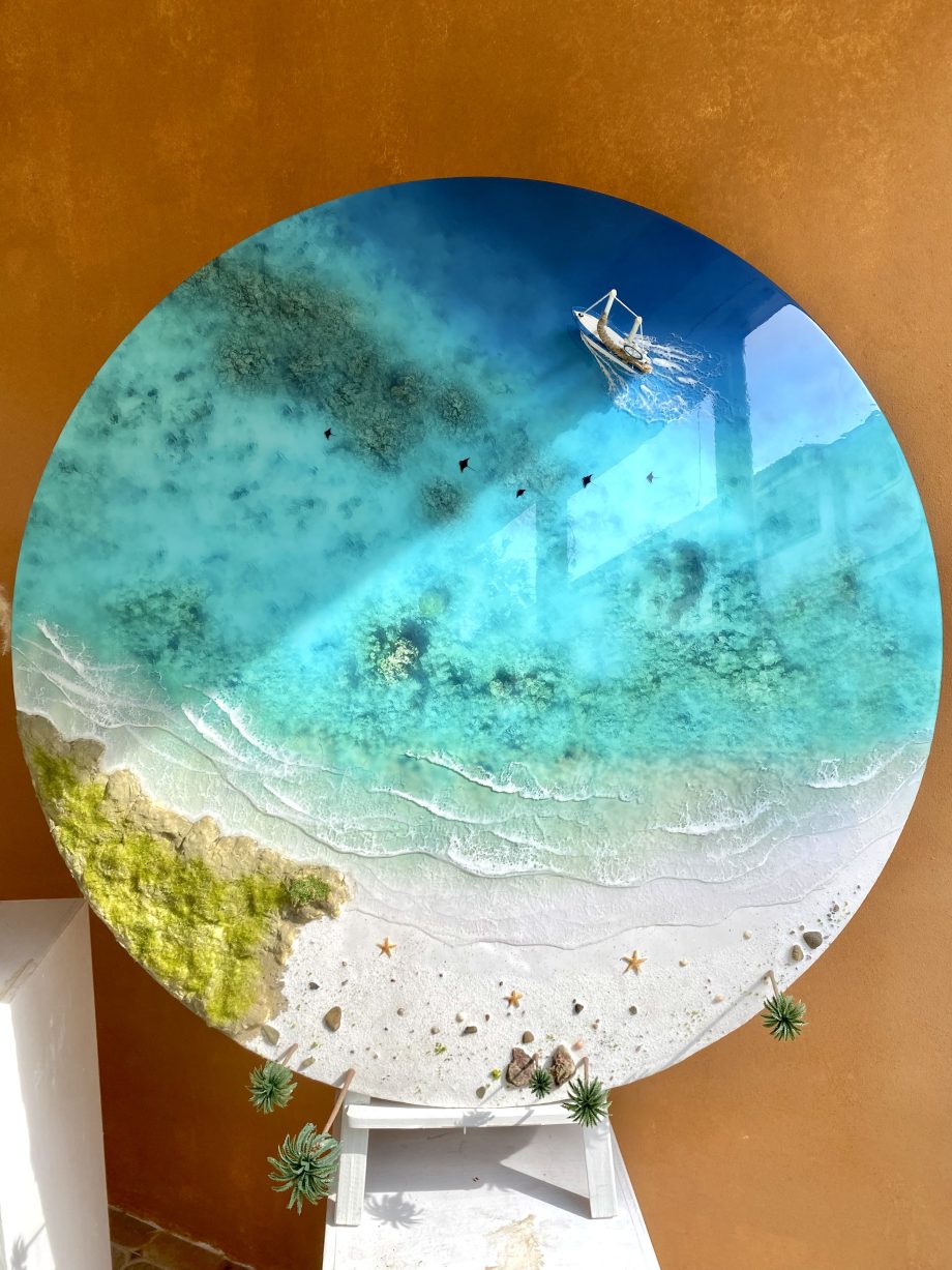 OceanEpoxy Round Ocean Resin Wall Art | 3D Beach Epoxy Decor with Boat & Waves
