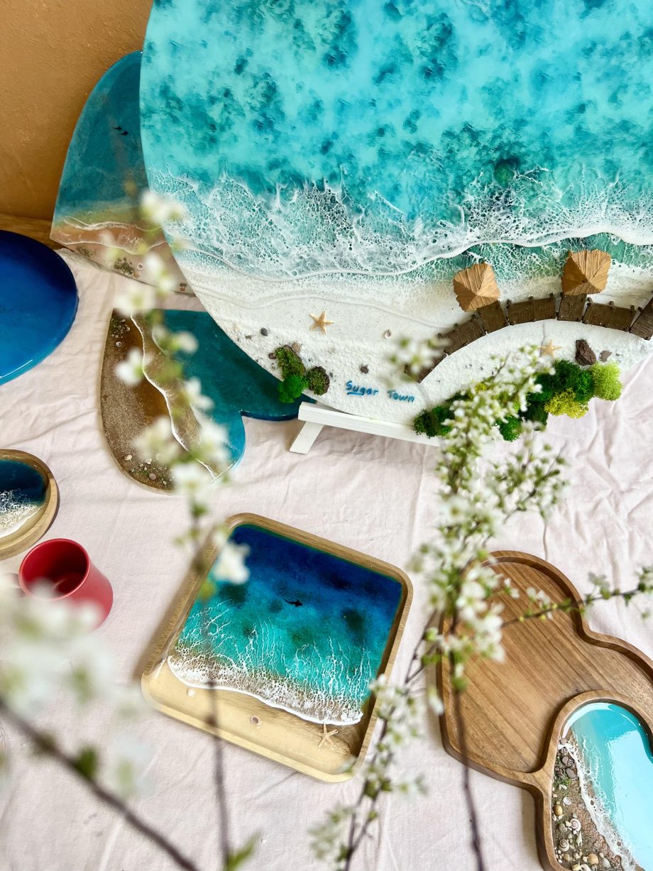 Ocean Resin Square Serving Tray – Handmade Beach Wave Wooden Décor