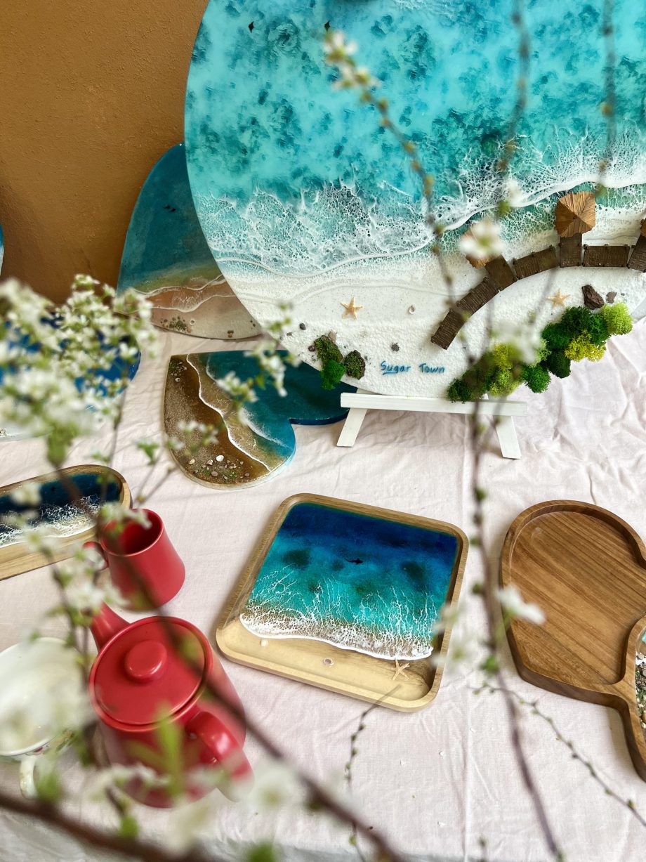 Ocean Resin Square Serving Tray – Handmade Beach Wave Wooden Décor