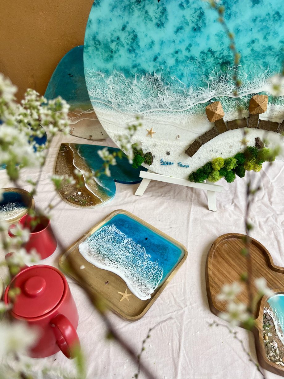 Ocean Resin Square Serving Tray – Handmade Beach Wave Wooden Décor