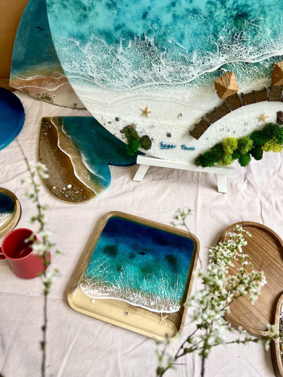 Ocean Resin Square Serving Tray – Handmade Beach Wave Wooden Décor